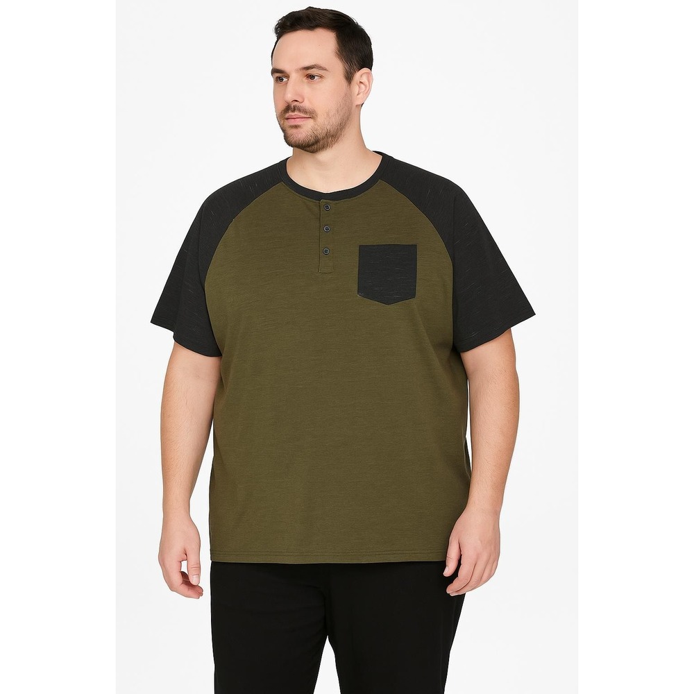 George T-shirt Mens Green‎ Black Henley Colorblock Casual Relaxed Size 3XL